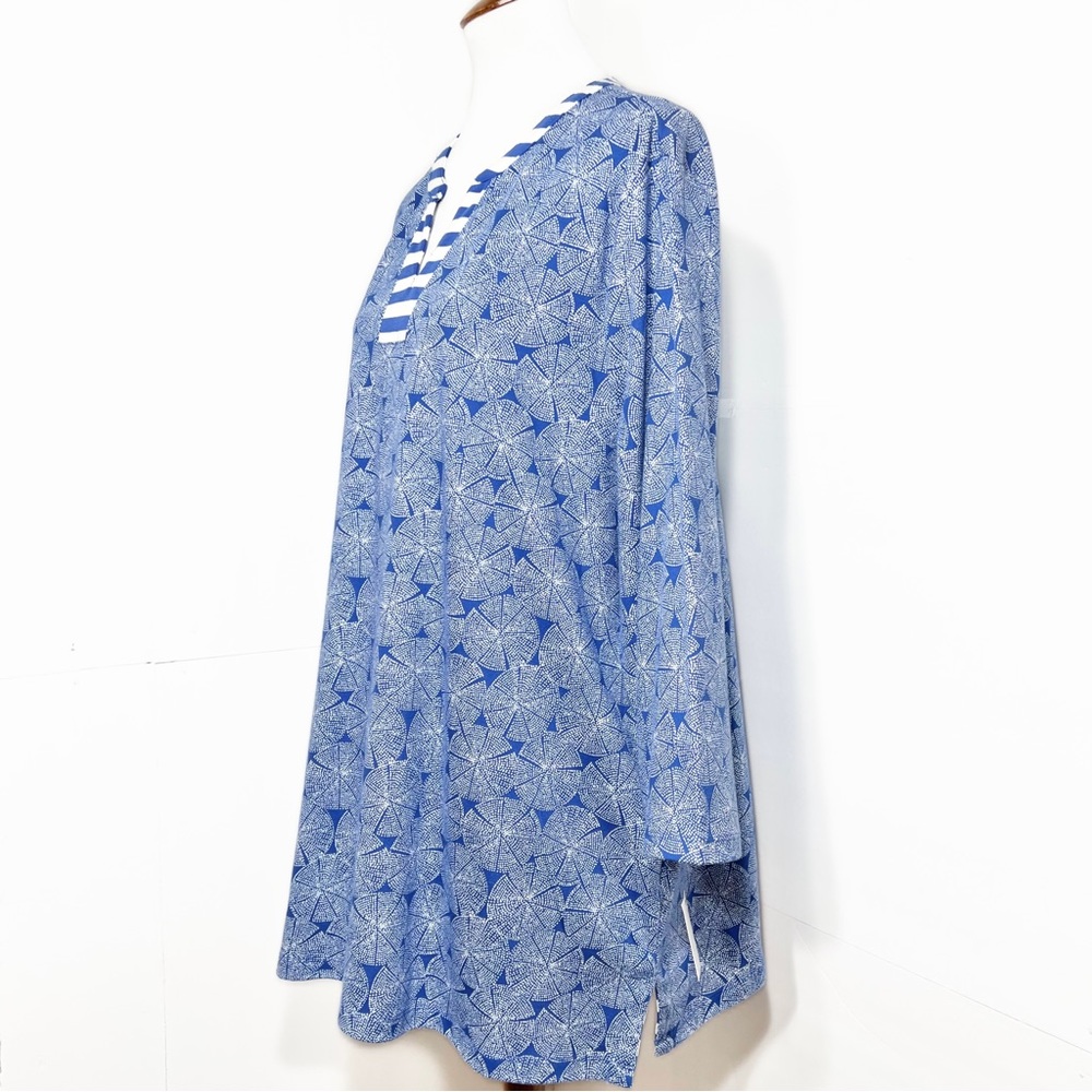 SOLD-NWT Talbots Geometric Striped Blue White V Neck 3/4 Sleeve Pullover Tee - Picture 3 of 9